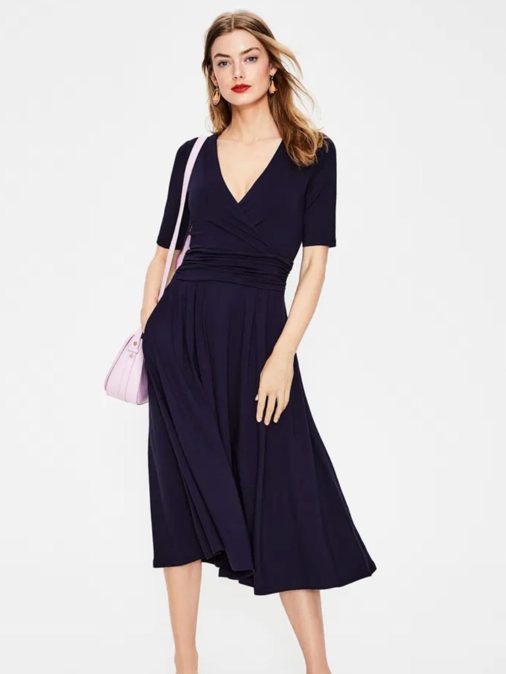 Old Money Boden Navy Blue Kassidy Jersey
Knit Midi Dress Faux Wrap
Ruched Dress